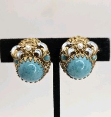 Vintage West Germany Blue Earrings Glass Cab Enamel Signed Clip Ons Rhinestone