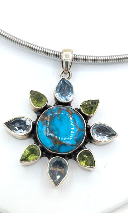 Vintage Turquoise Peridot Blue Topaz Sun Pendant Sterling Silver chain 17