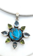 Vintage Turquoise Peridot Blue Topaz Sun Pendant Sterling Silver chain 17
