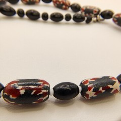 Vintage Barrel Bead Necklace Red Black White Abstract Tribal 22″ Matinee Length