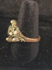 Vintage Costume Jewelry Copper Marbel Lke Stone Faux Pearls Scroll Work Ring