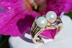 14k yellow gold ring 6.2mm cultured pearl natural diamond sz 6.5 vintage 5.85g