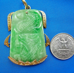 Original EARTH MINED Antique Green JADE DRAGON Pendant 14K GOLD Deco Luck Gift