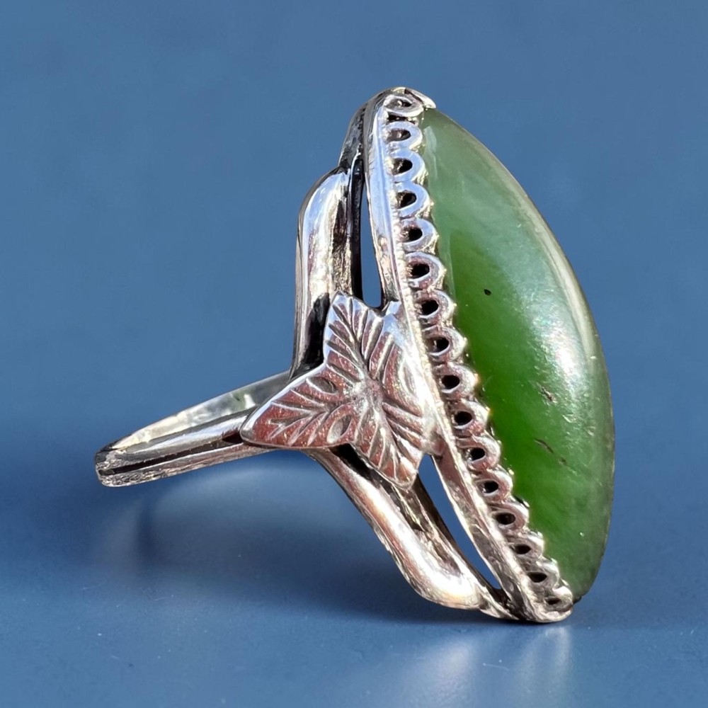 Jewelry 1970s vintage silver 875 ring green old Russian gemstone nephritis jade