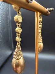 Vtg Champagne Faux Pearl Rhinestone Gold Tone Dangle Drop Pierced Earrings Glam