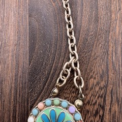 Vintage Boho Hippie Multicolor Enamel Flower Coin Beaded Goldtone Chain Necklace