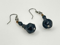 Beaded Dangle Drop Earrings Silver Tone Metal 1.75″ Length Black Amber Glass