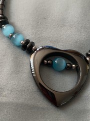 16” Hematite Necklace Heart Pendant 1.25” H Aqua Blue Cat’s Eye Beads Celestial