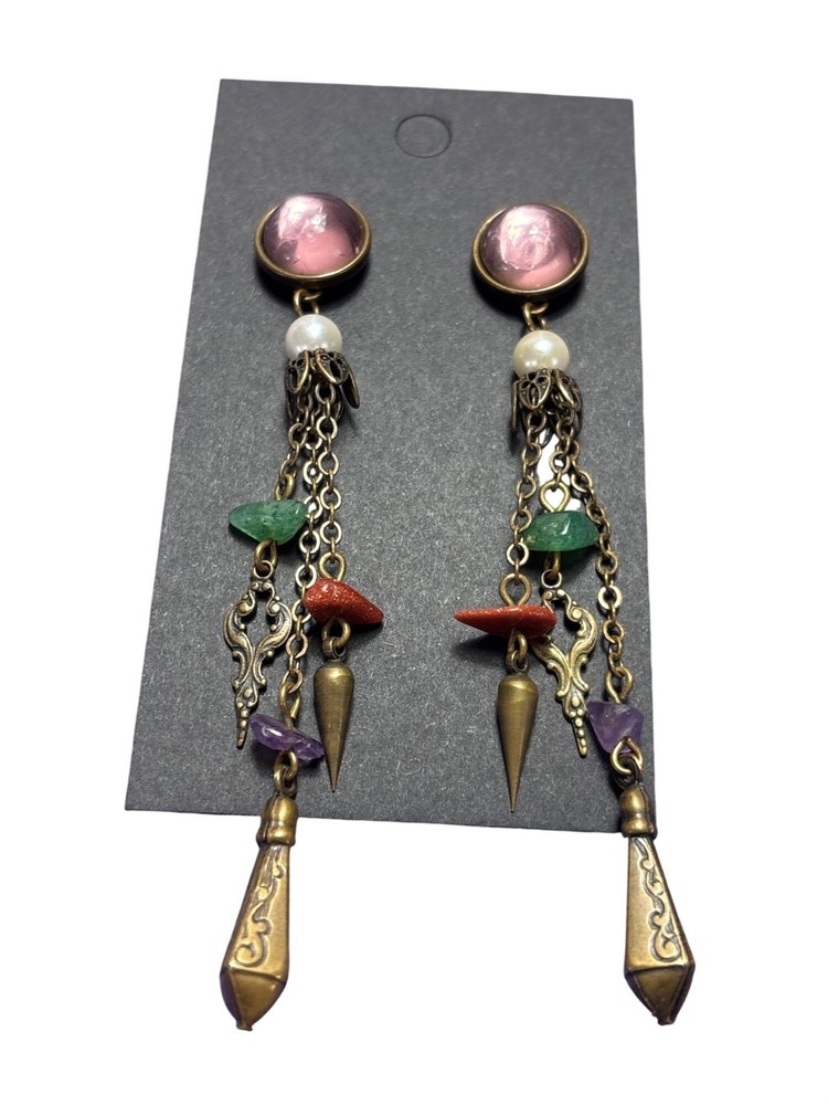 Vtg Boho Chain Charm Earrings Pink Faux Pearl Aventurine Goldstone Amethyst