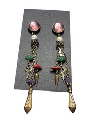 Vtg Boho Chain Charm Earrings Pink Faux Pearl Aventurine Goldstone Amethyst