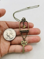 Vintage Bronze Tone Lovebird in Gilded Cage Dove Heart Lock Key 18 in Necklace