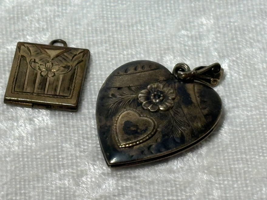 c1940 PAIR PHOTO LOCKETS FLORAL ACCENTED HEART & SMALL SQUARE