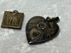 c1940 PAIR PHOTO LOCKETS FLORAL ACCENTED HEART & SMALL SQUARE