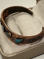 Vtg Bell Trading Post Solid Copper & Turquoise Corinthian Cuff Bracelet Made USA
