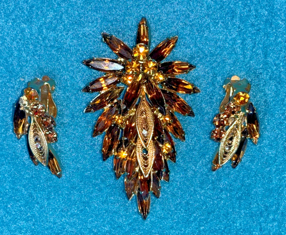 3 piece SET Vintage Topaz JULIANA Filigree Rhinestone Brooch/Pendant & earrings