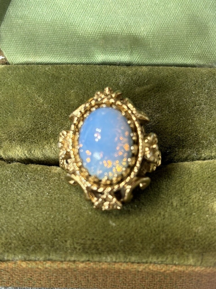 Vintage 18K Signed H.G.E. Victorian Style Faux Fire Opal Solitaire Band Ring 7