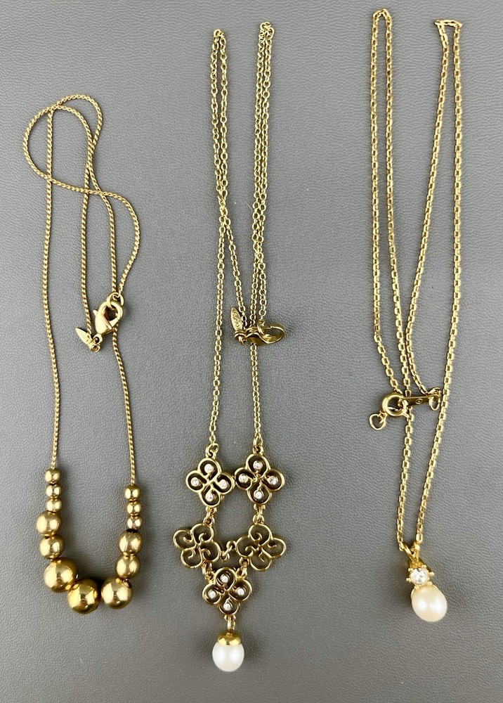 Vintage Avon Necklace Lot Gold Tone Ball Bead Slide Rhinestone Faux Pearl Signed