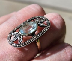 Antique Aquamarine And Rose Cut Diamond 18k And Silver Topped Ring.