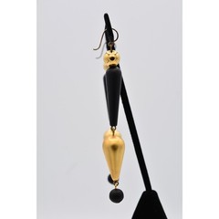 Vintage Dangle Earrings Black Beaded Brushed Gold Matte Drop Chunky 1990s BinAV