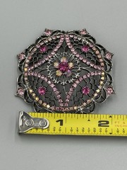Vintage Pink Black Rhinestone Filigree Brooch Silver Tone Gothic Mandala READ