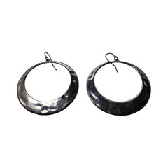 Vintage Silver Tone Hammered Ear Wire 1.78″ Diameter Hoop Earrings