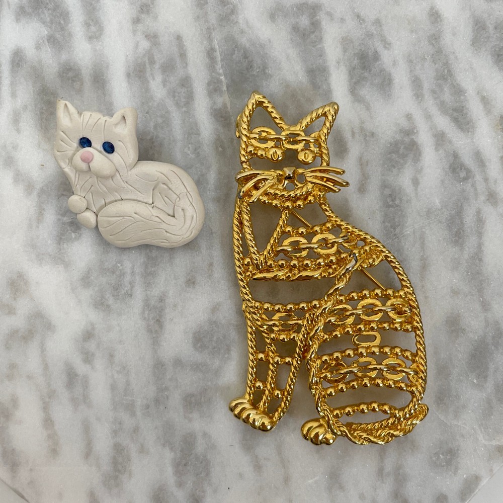 Vtg 80s CAT BROOCH LOT Handmade Artisan Jewelry Kitten Polymer Clay Rhinestone