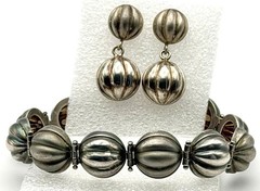 Vintage Italy 925 Sterling Silver Orb Bracelet Earrings Set Ribbed Modernist 30g