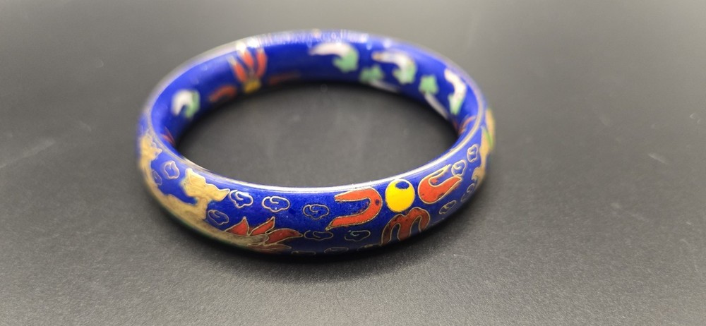 VTG Chinese Cloisonné Bangle Bracelet Blue With Multi Color Painted Designs