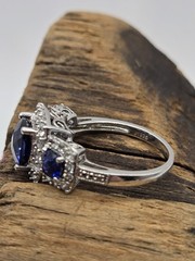 Designer JH Sterling Blue & Clear CZ Stone Ring – Size 7.5 Halo EUC