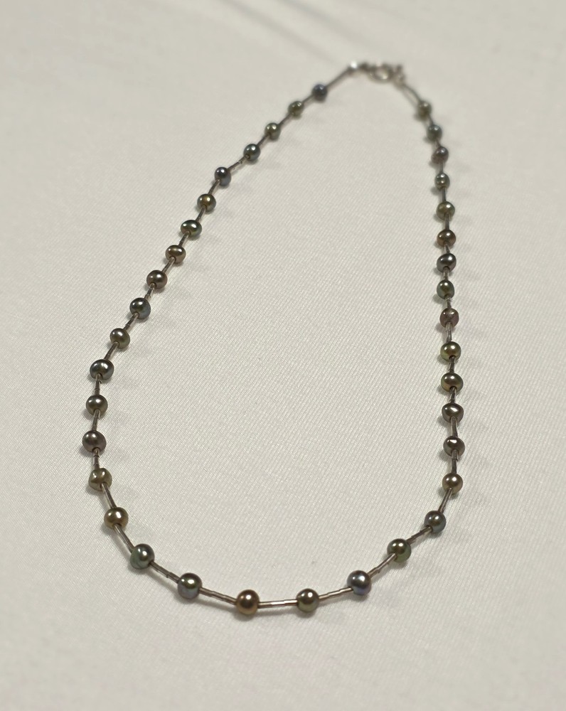 925 Sterling Silver Peacock Pearl Station Necklace 16″ Taxco Style Vintage