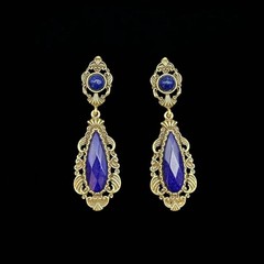 Vintage Lapis Lazuli Jewelry Set Gold Statement Necklace Earrings Royal Blue