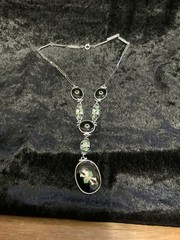 Vintage Art Deco Style Filigree Floral Enamel Black Glass Delicate Necklace 14”
