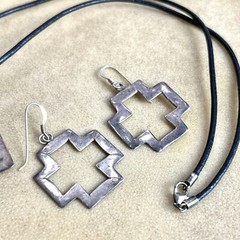 Maltese Cross Necklace & Earring Set on Black Leather Cord, 925 Sterling Silver