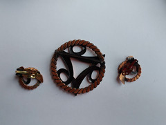 Copper Jewelry Set Modernist Pin Earrings Mid Century Abstract Design Vintage