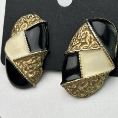 Vintage Enamel Earrings Black gold cream BOLD 90’S Textured Post Pierced Backs