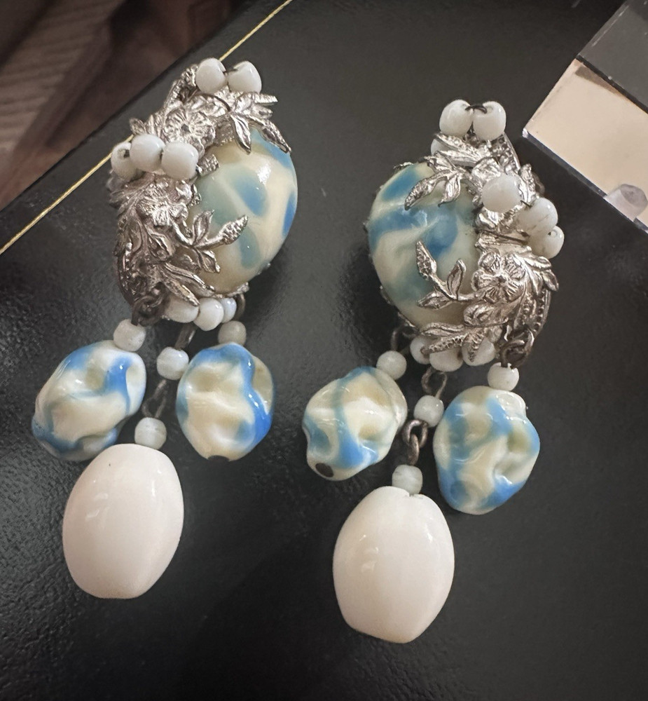 Vintage Signed Miriam Haskell Blue & White Oval Glass Bead Filigree Clip-Ons