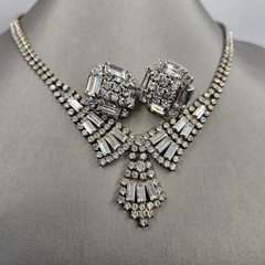 Vintage Art Deco Rhinestone Necklace Earrings Set Clear Baguette Pave Lot 15″