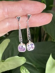 Vintage Signed 925 Silver Amethyst Marcasite Dangle Earrings February Birthstone
