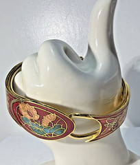 Cloisonne Enamel Bracelet Hinged Bangle Push-in Clasp Floral on Black