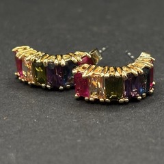 Vintage Gretchen Gray Sterling Silver Rainbow Baguette Huggie J Hoop Earrings