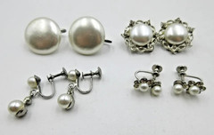 Vtg LOT SCREWBACK CLIP ON EARRINGS RHINESTONE OFF WHITE FAUX PEARL silver tone