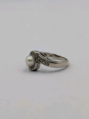 Nevada Silver Mines Vtg Sterling Silver Pearl & White Topaz Bypass 925 Ring Sz 7