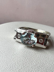 VINTAGE 14K WHITE GOLD AQUAMARINE DIAMOND RING MODERNIST DESIGNER SETTING ITALY