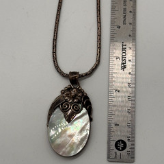 MERAV 925 Sterling Silver Vintage Real MOP Feather Flower Oxidized Pendant