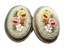 Vintage Pink Green Yellow Micro Mosaic ALP Clip Earrings Flower Shabby Chic