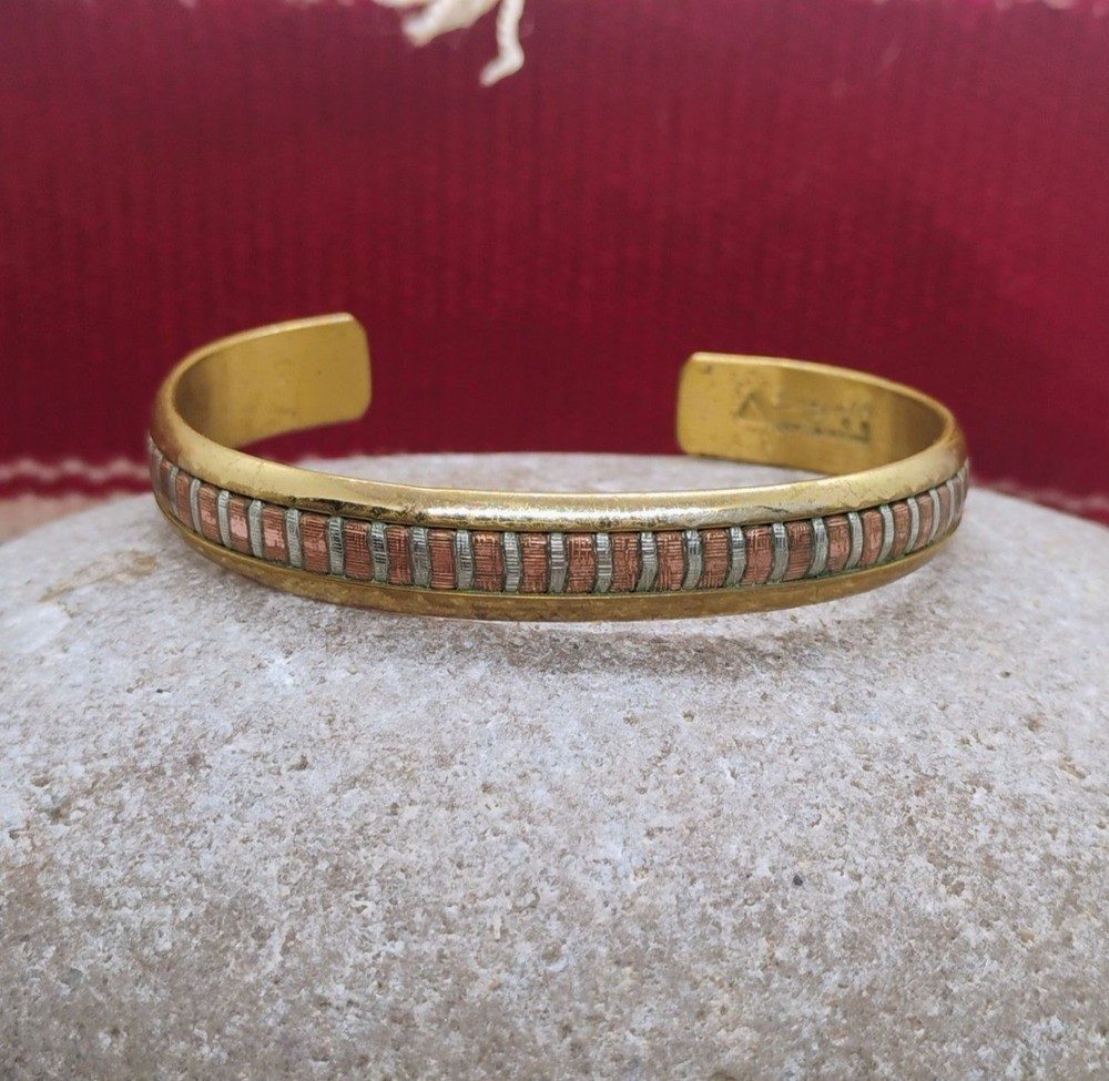 Vtg Sergio Lub Tri-Metal Copper Brass Sterling Silver Cuff Bracelet Size 6″