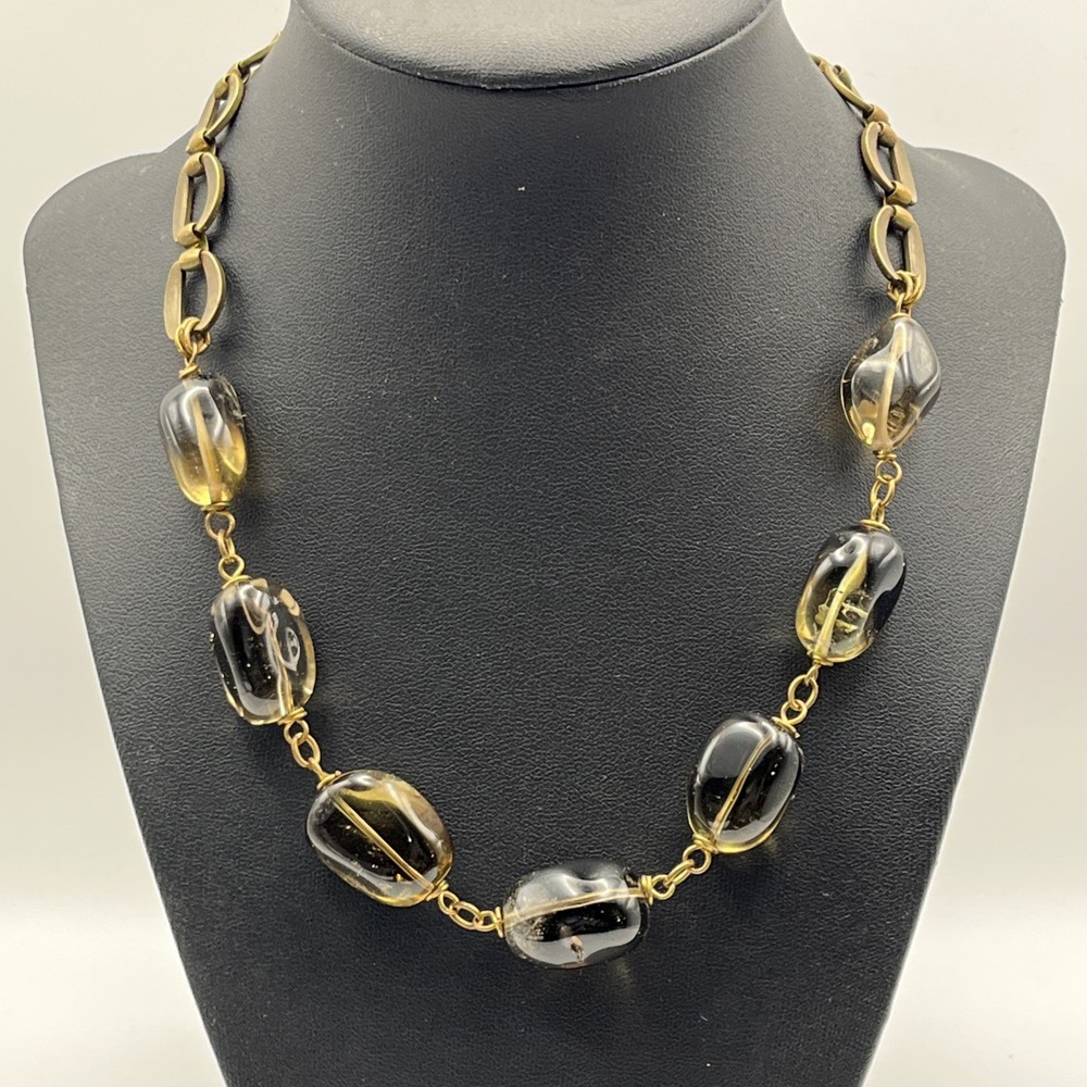 Vintage Smoky Quartz Quartz Stone Necklace On Antiqued Brass Tone Link Chain
