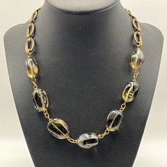 Vintage Smoky Quartz Quartz Stone Necklace On Antiqued Brass Tone Link Chain