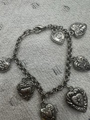 Vintage 90s Silver Heart Charm Bracelet Double Sided Reversible Chunky