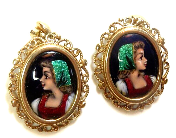 Antique Art Deco French Enamel 13K Yellow Gold Earrings 12.2Gm 1.11″x.90